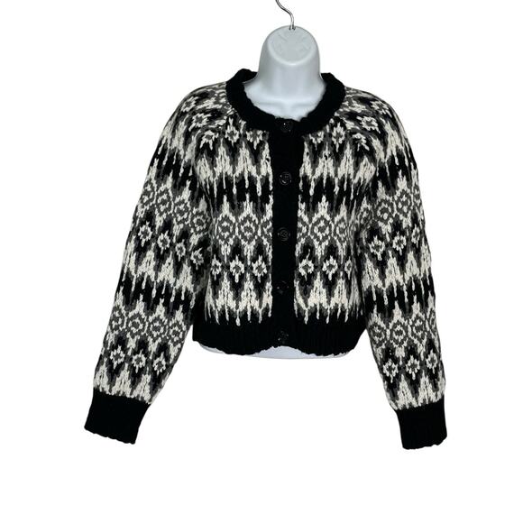 J. Crew Cardigan Sz Small Cropped Fair Isle Chunky Black Gray Wool Angora Blend - Picture 3 of 8